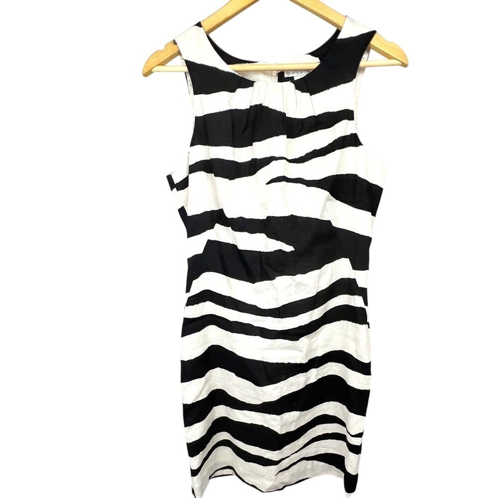 TWEEDS 100% Linen Zebra Animal Print Sleeveless Sheath Dress Size 10 Career